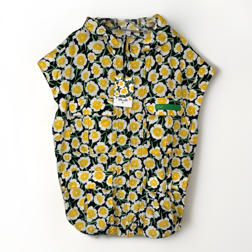 NWT Diane Von Furstenberg Womens L Floral Packable Hooded Vest Yellow Maximalist